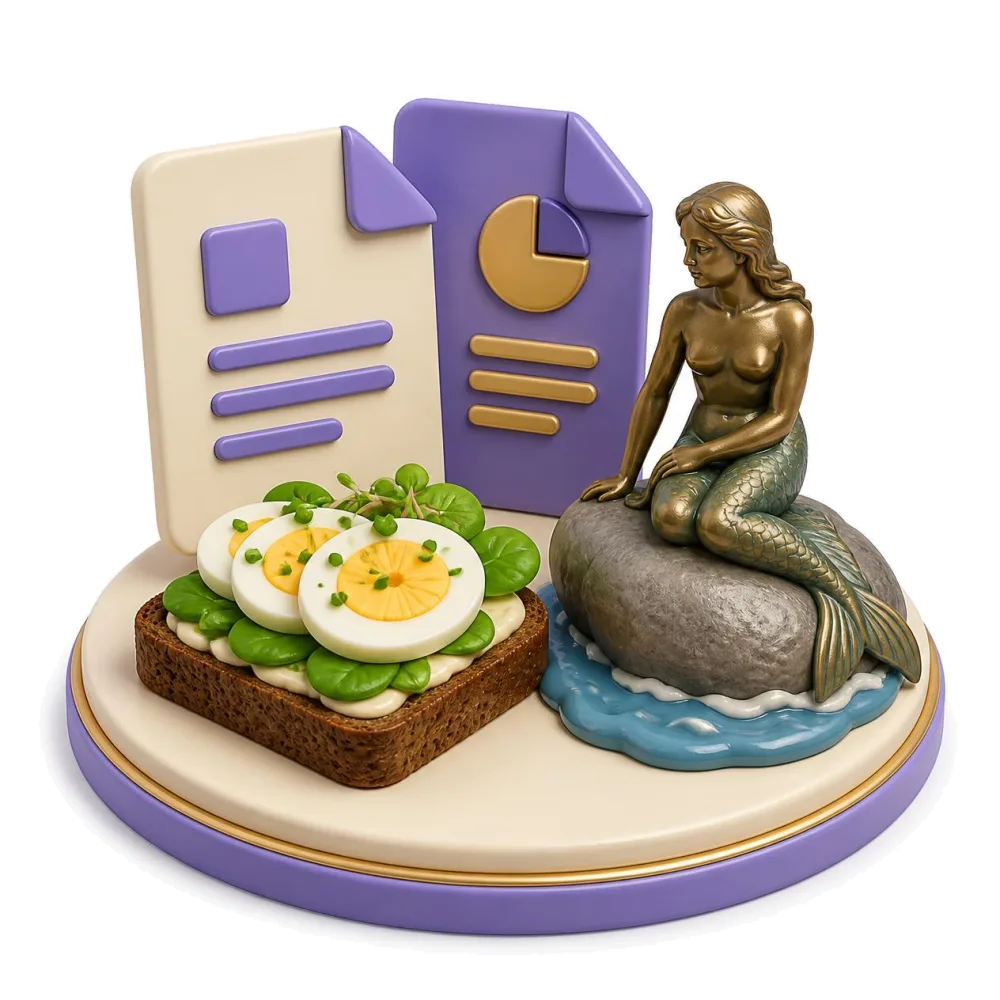 Two documents side by side with an open rye sandwich and a small mermaid statue on a rock