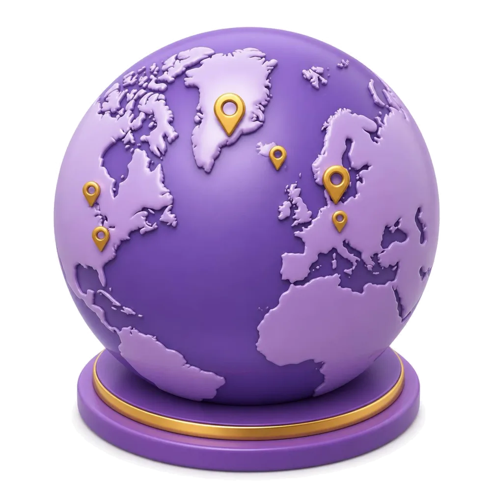 Purple globe with pins on Denmark, Greenland, the Faroe Islands and northern Germany