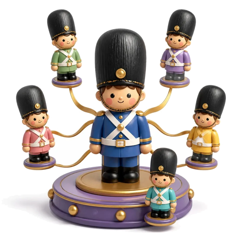Small wooden toy guardsmen with tall bearskin hats linked by golden ribbons, the pairs with Danish
