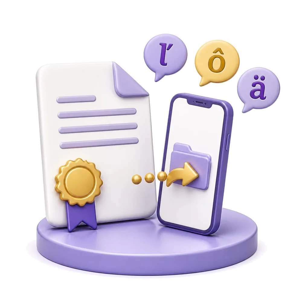 Certified Slovak document with gold seal, phone sending the file, letters ľ ô ä
