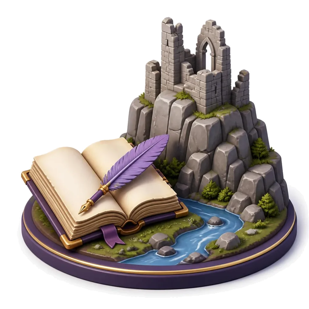 Open old book with a quill next to a hilltop castle ruin above a river