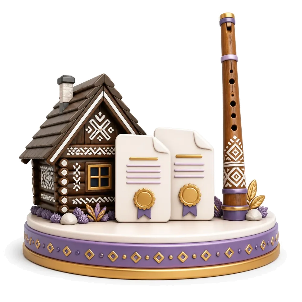 Two documents beside a log house with white geometric patterns and a long shepherd flute