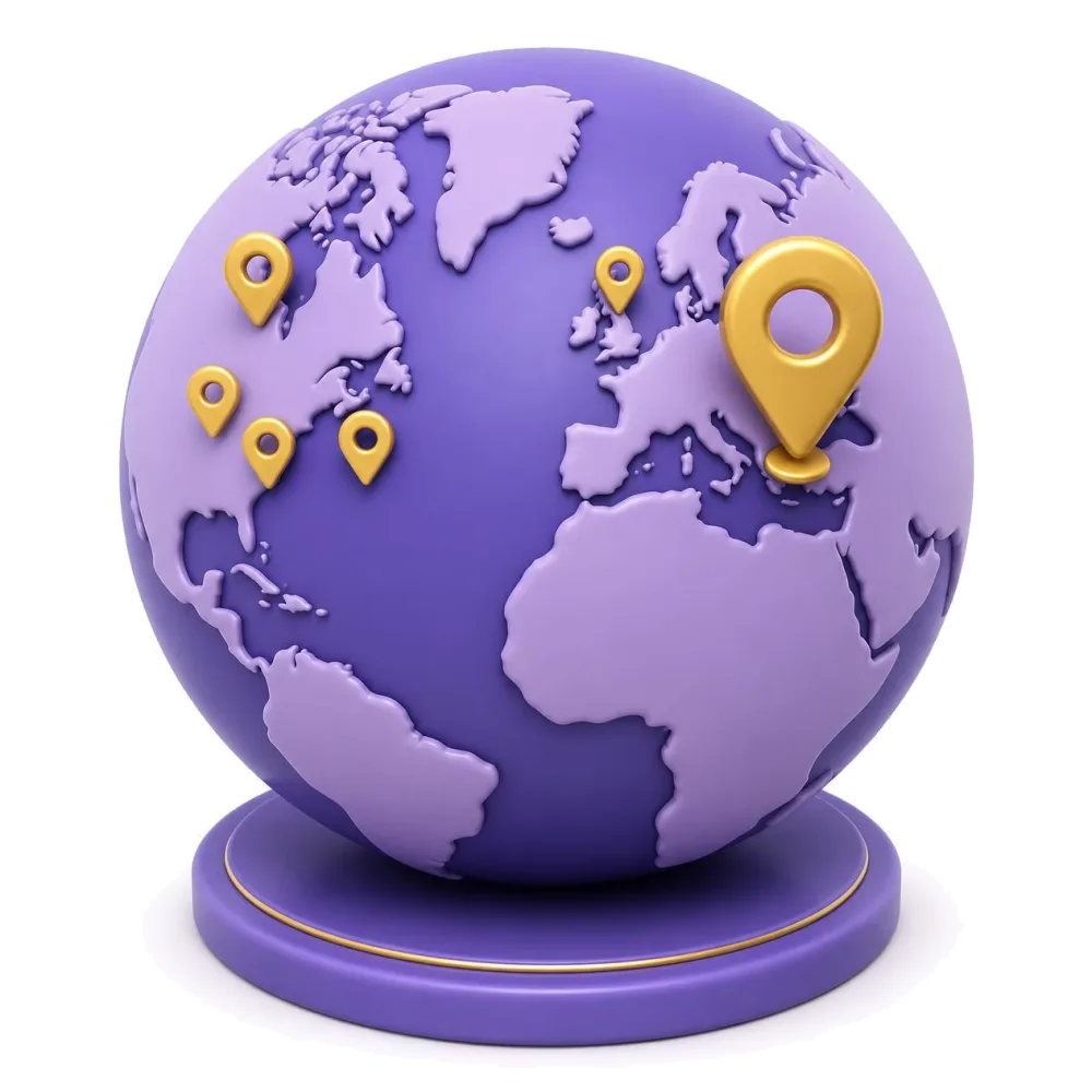 Purple globe with pins on Slovakia, Pennsylvania, Ohio, Chicago, Canada and the United Kingdom