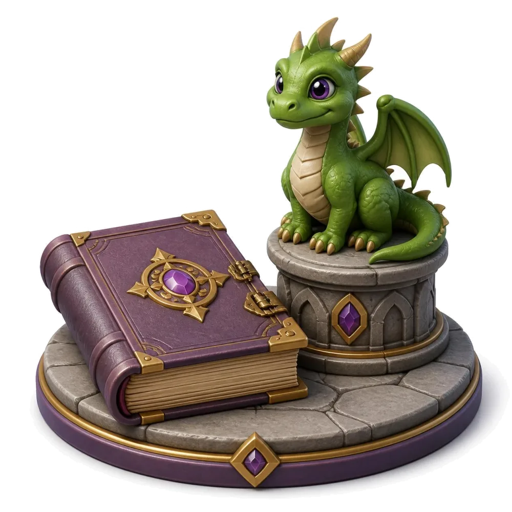 Old printed book with clasps and a small green dragon on a stone pedestal