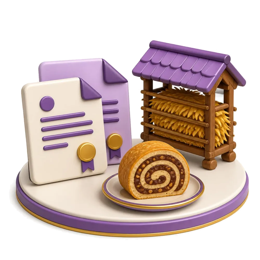 Two documents side by side with a wooden hayrack and a sliced nut roll