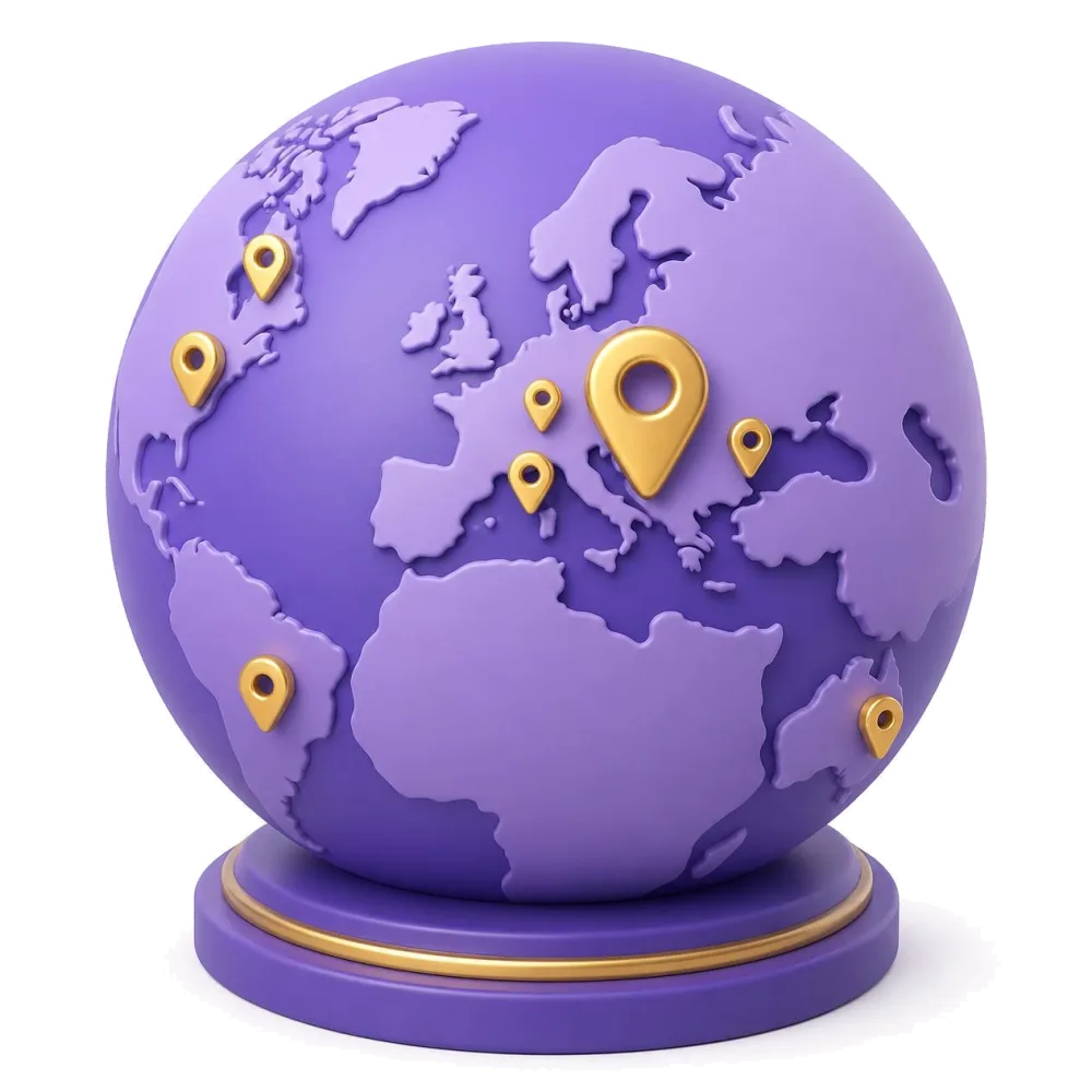 Purple globe with pins on Slovenia, its neighbors and Slovenian communities abroad