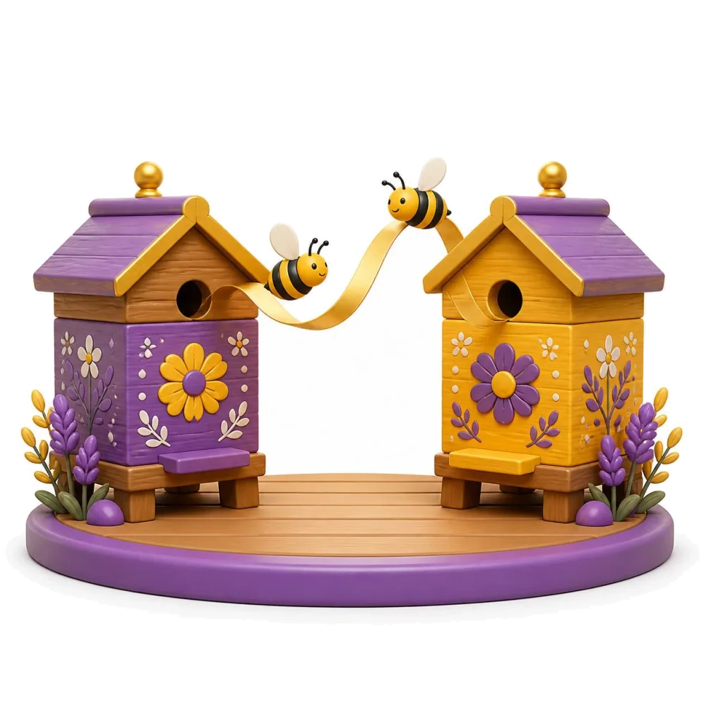 Two painted wooden beehives linked by a golden ribbon, the Slovenian and English pair