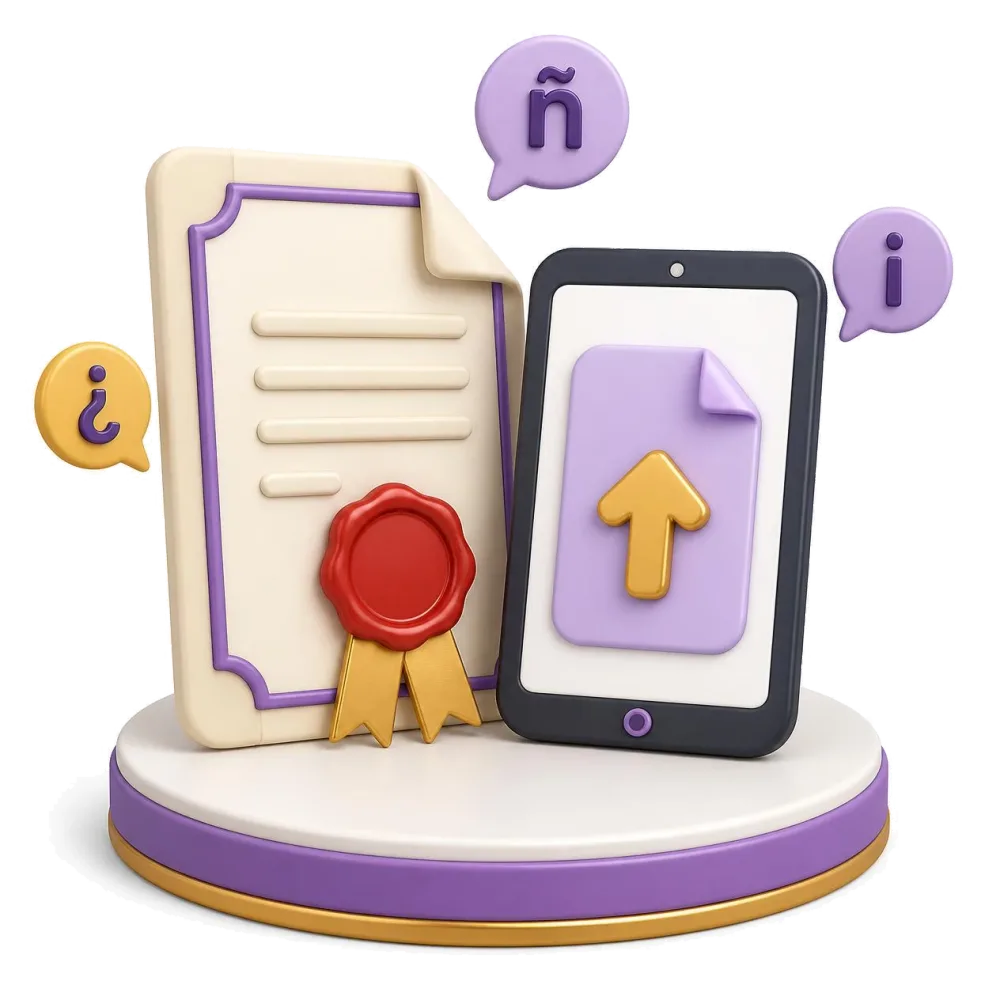Certified Spanish document with a red wax seal, a tablet uploading the file and the characters ñ, ¿ and ¡