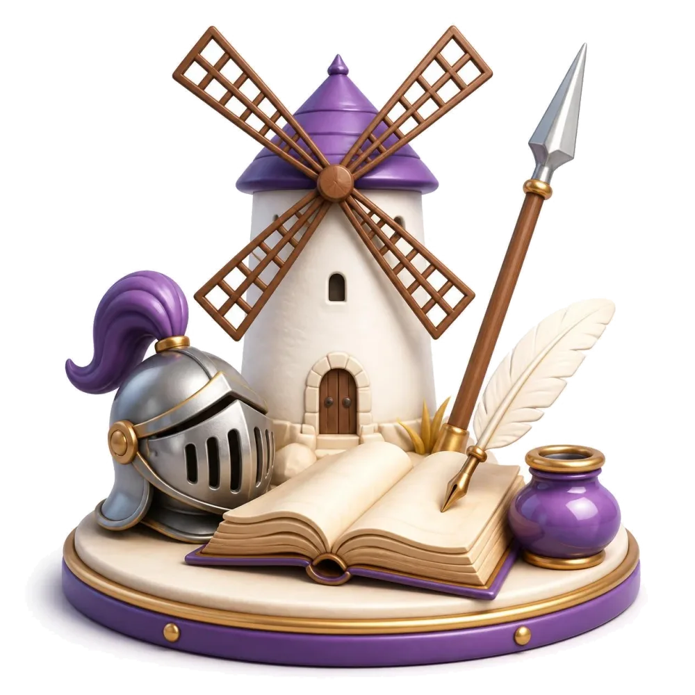 Windmill of La Mancha, a knight helmet and lance, an old book with a quill