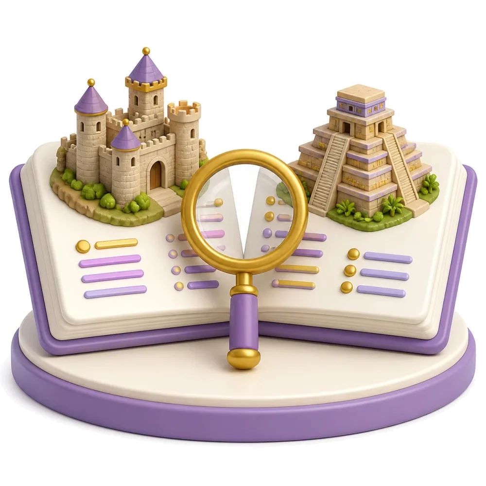 Two documents compared with a magnifying glass, a castle from Spain and a Mayan pyramid