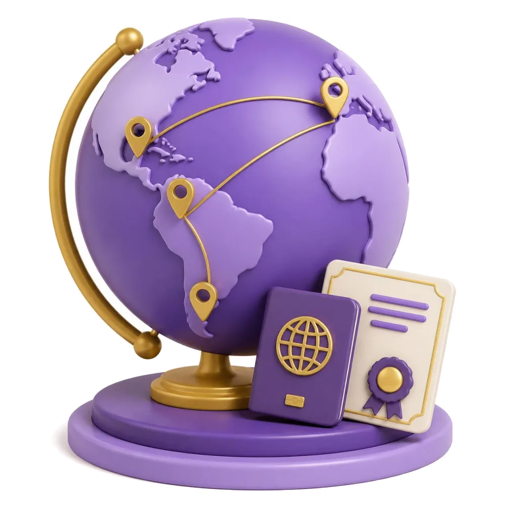 Purple globe with pins on Spain, Mexico, Colombia and Argentina, where Spanish is spoken