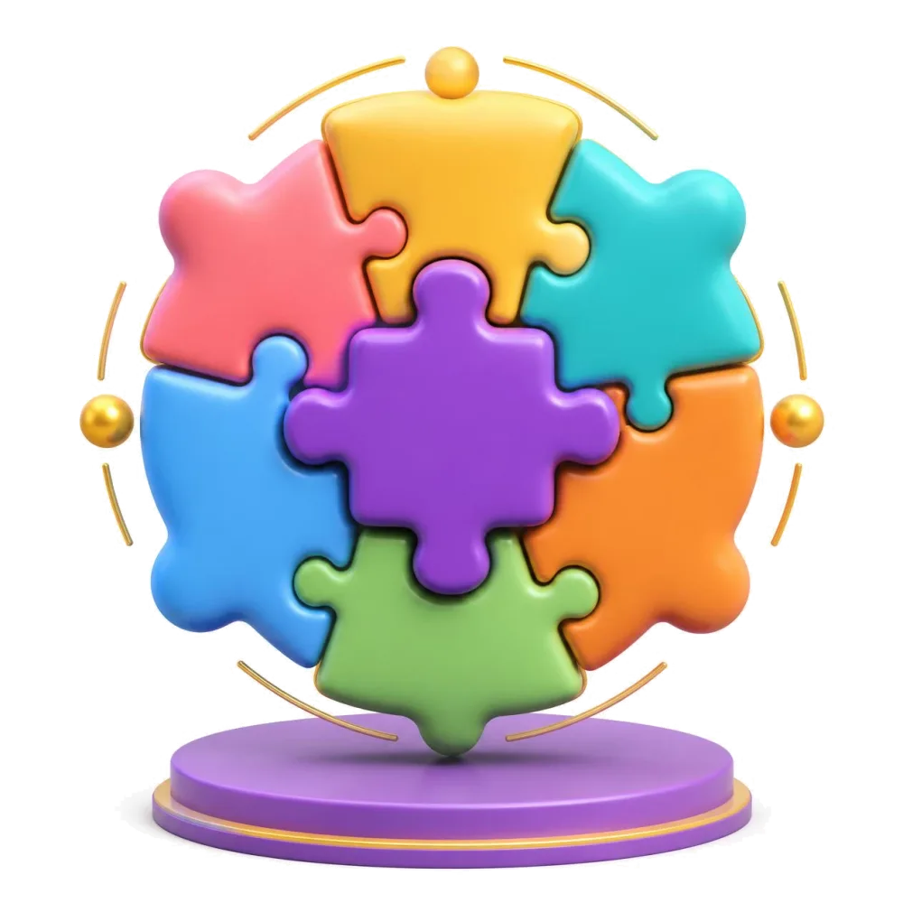 Six colored puzzle pieces fitting around a purple one, the language pairs with Spanish