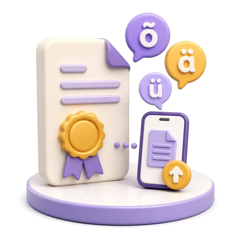 Certified Estonian document with gold seal, phone sending the file, letters õ ä ü