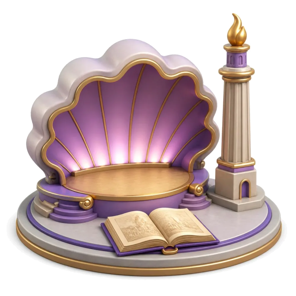 Shell-shaped open-air song stage with a slim torch tower and an old book
