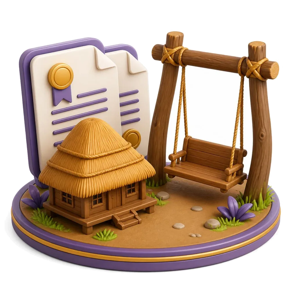 Two documents side by side, thatched farmhouse and a tall wooden village swing