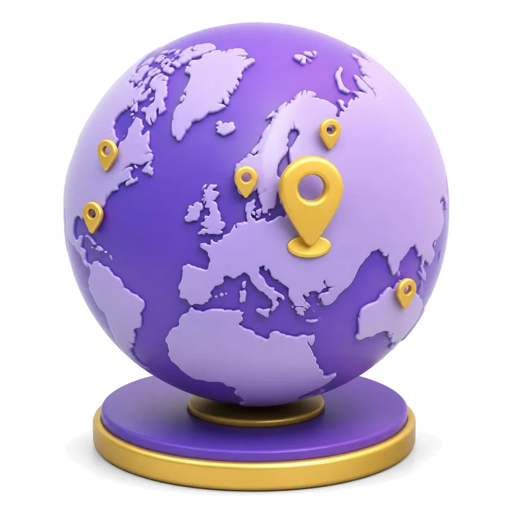 Purple globe with pins on Estonia and the Estonian communities abroad