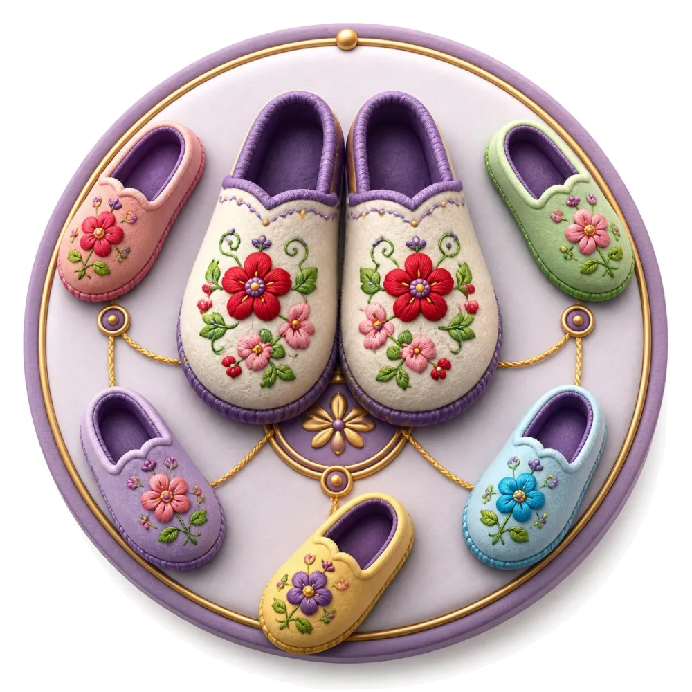Felt slippers with bright Muhu flower embroidery linked by golden threads, the Estonian pairs