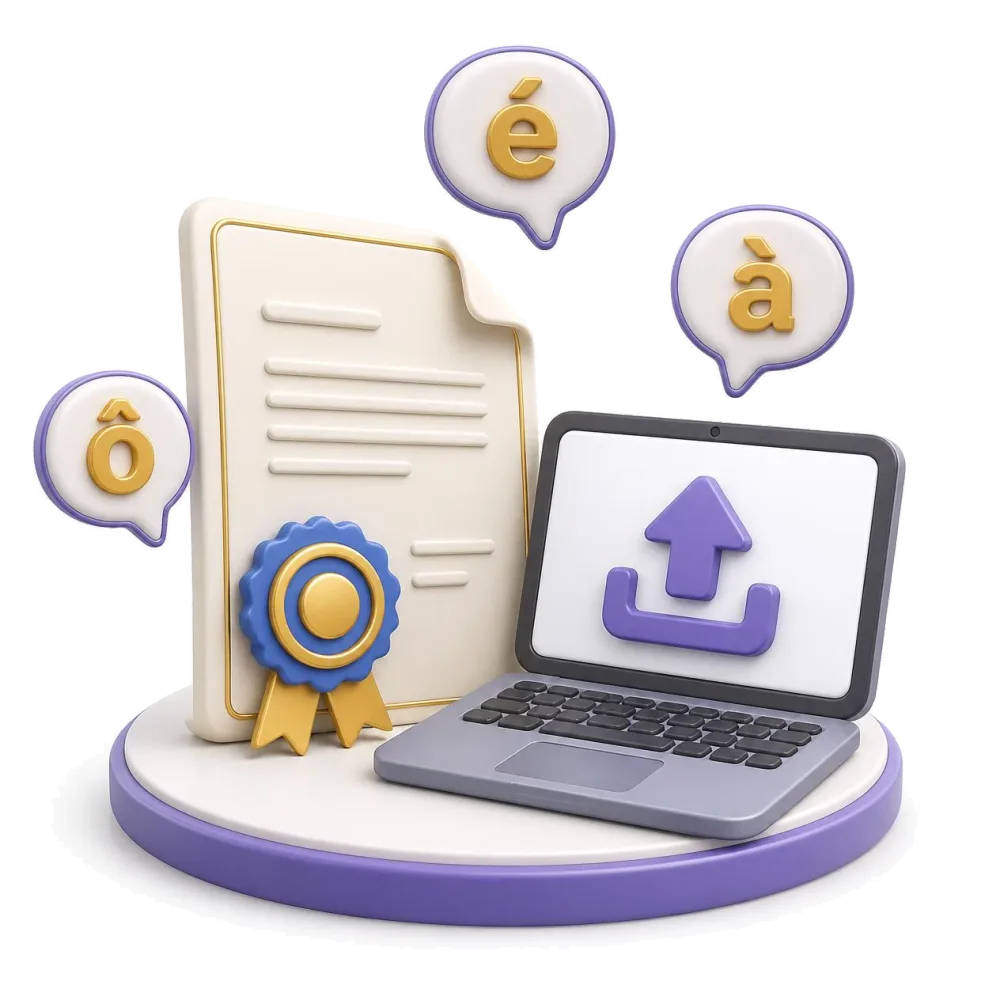 Certified French document with a blue and gold seal, a laptop uploading the file and the characters é, à and ô