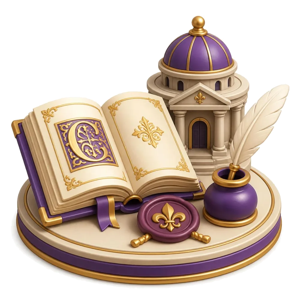Illuminated medieval manuscript, a quill in an inkwell, a fleur-de-lis seal and an academy dome