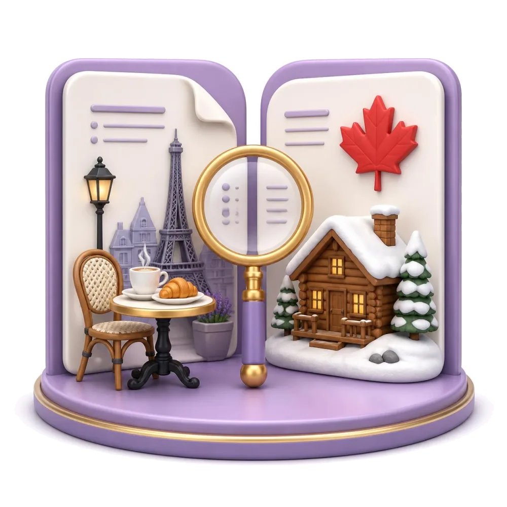 Two documents compared with a magnifying glass, a Paris café and a Canadian maple leaf