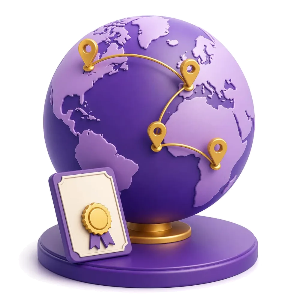 Purple globe with pins on France, Quebec, Senegal and Central Africa, where French is spoken