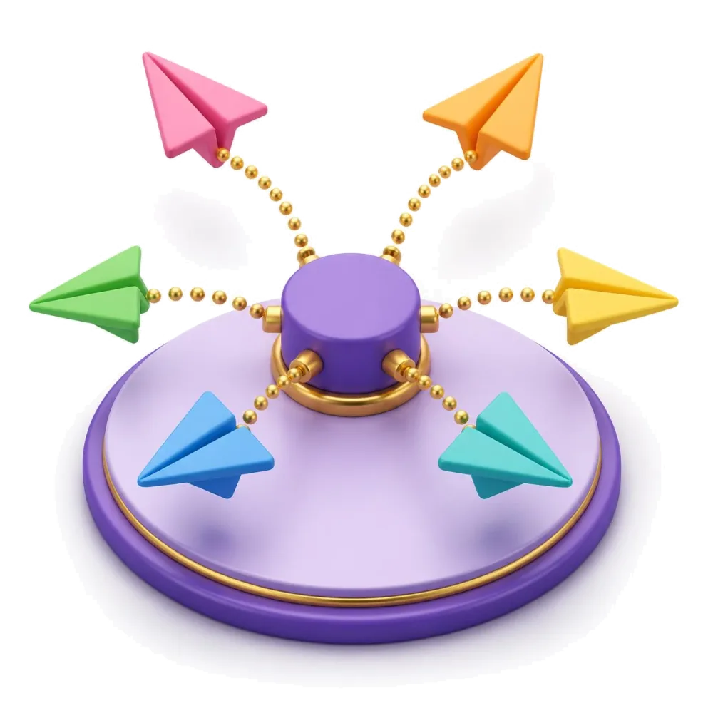 Colored paper airplanes flying out of a purple hub, the language pairs with French