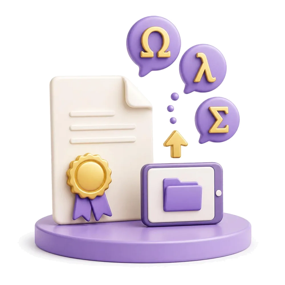 Documento griego certificado con sello dorado, tableta enviando el archivo, letras Ω λ Σ