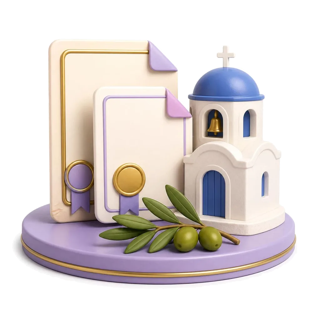 Dos documentos lado a lado, capilla blanca de cúpula azul y rama de olivo