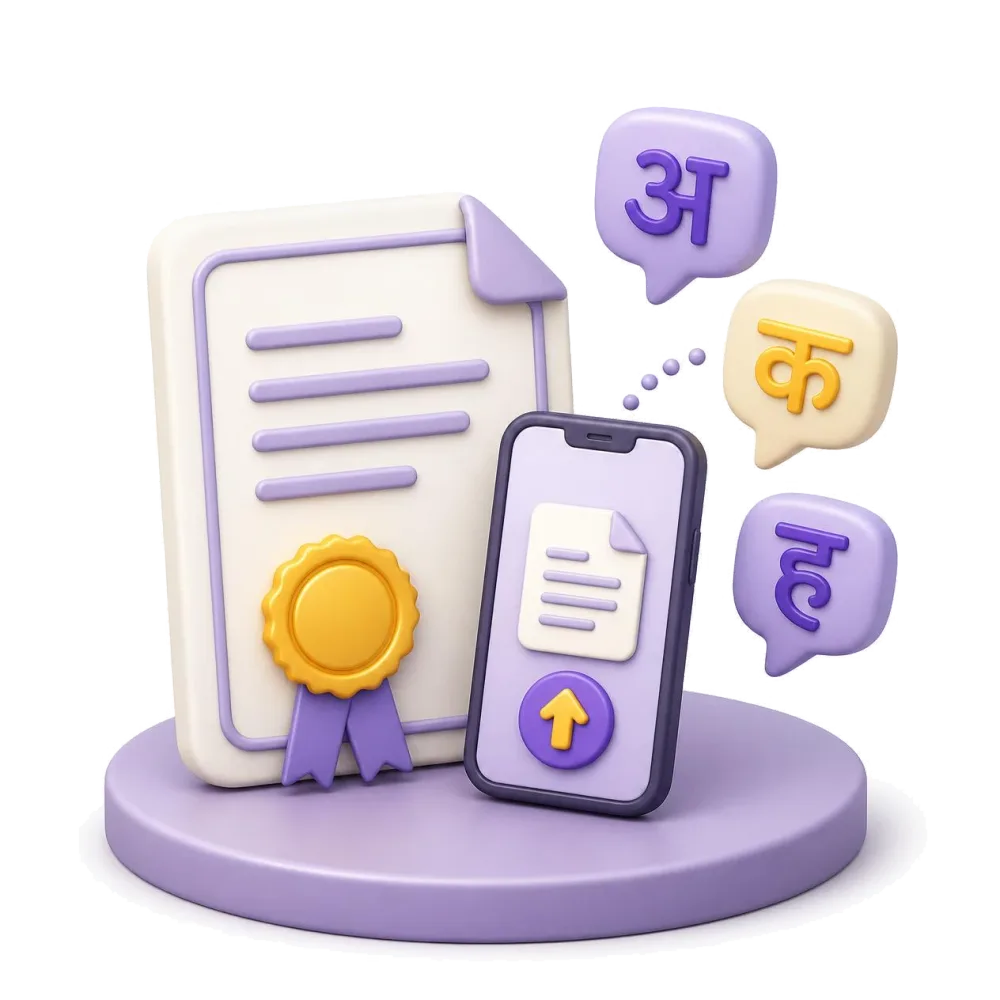 Certified Hindi document with a gold seal, a phone and the letters अ, क, ह