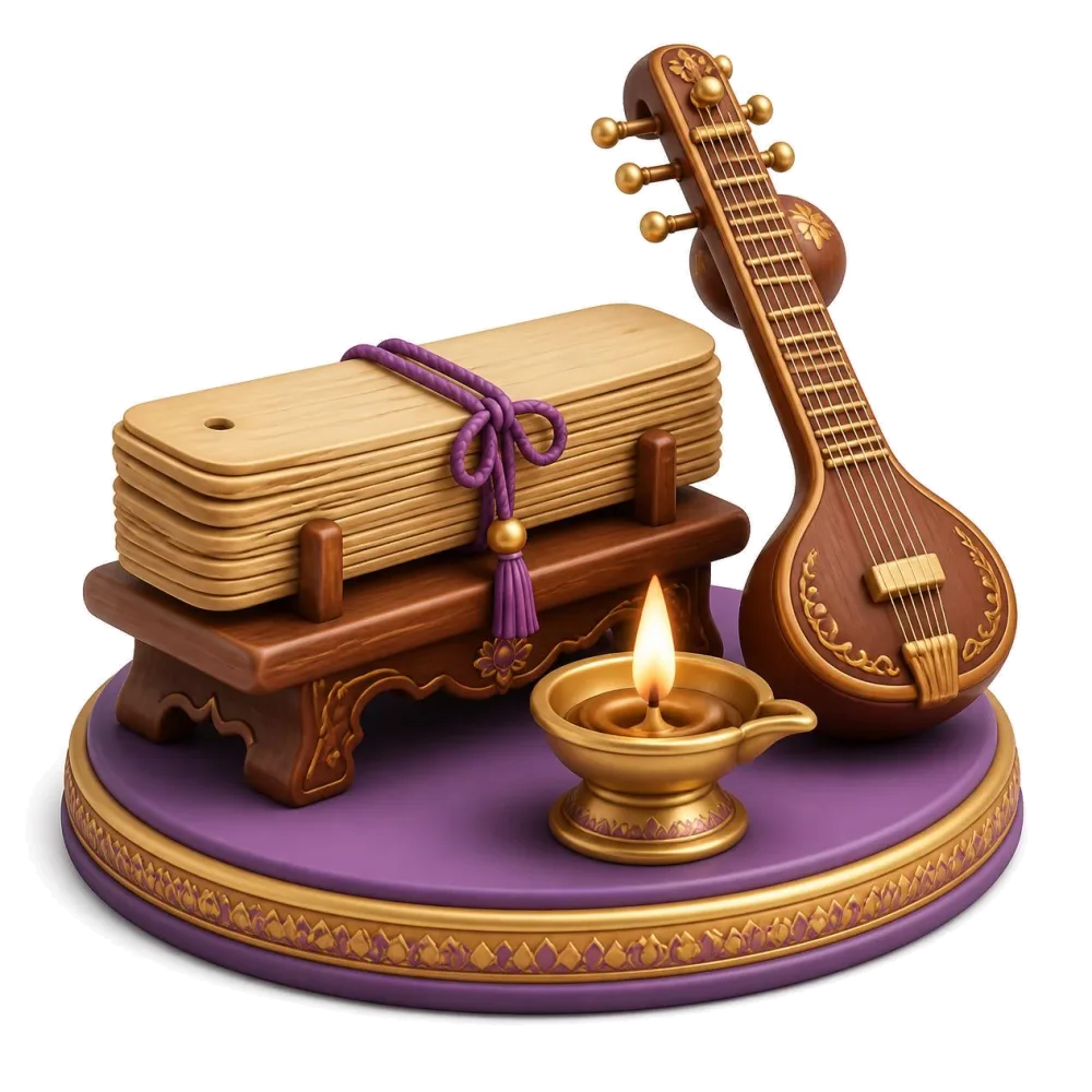 Palm-leaf manuscript tied with cord, a brass oil lamp and a small sitar