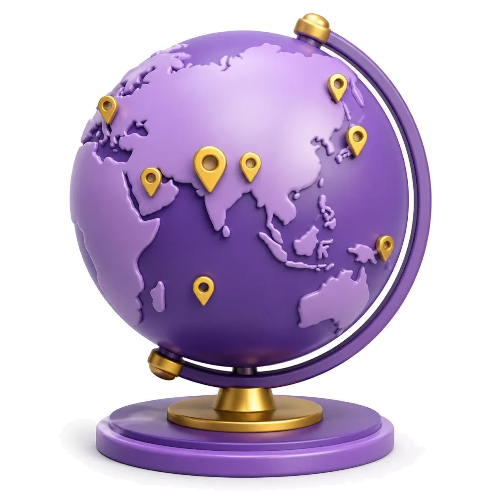 Purple globe with pins on India, Nepal, Fiji, Mauritius and Indian communities abroad