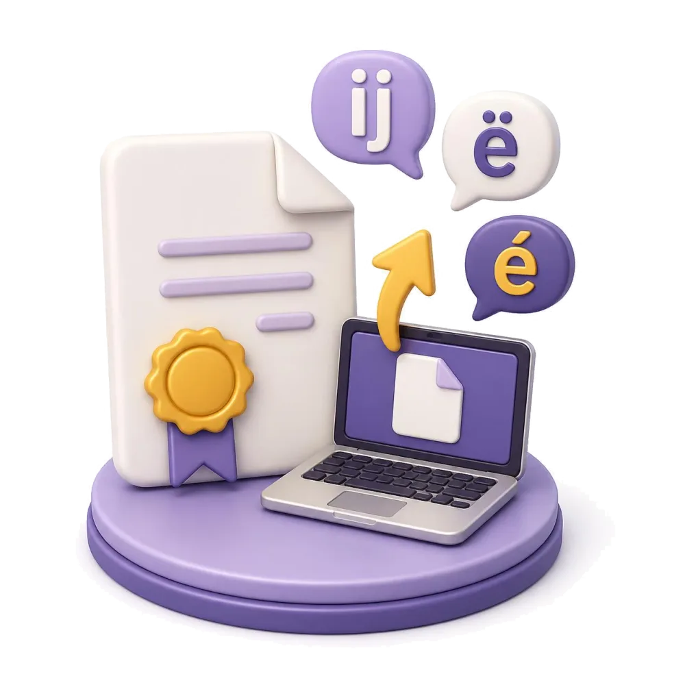 Certified Dutch document with gold seal, laptop sending the file, letters ij ë é