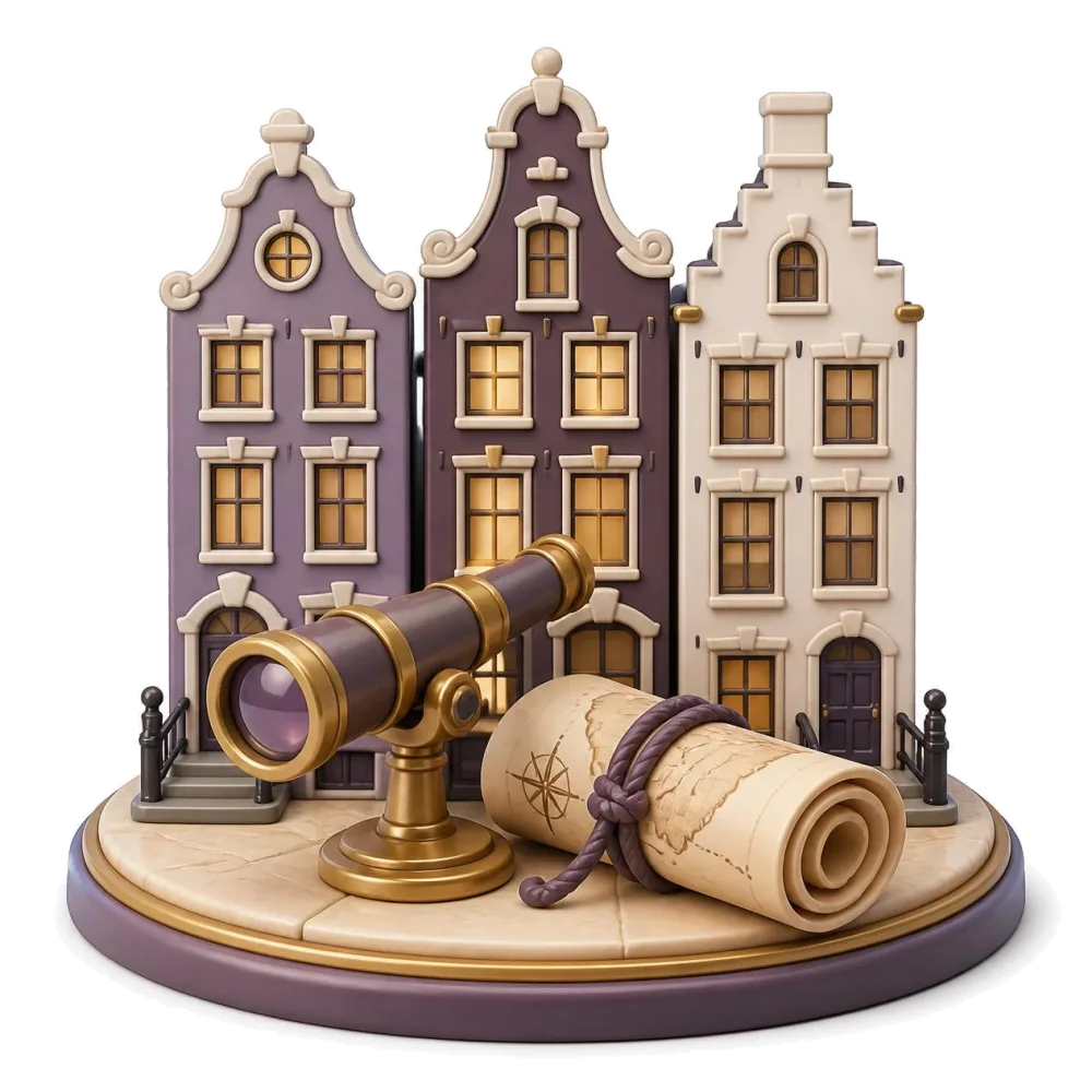 Three narrow gabled canal houses, an antique brass telescope and a rolled sea chart