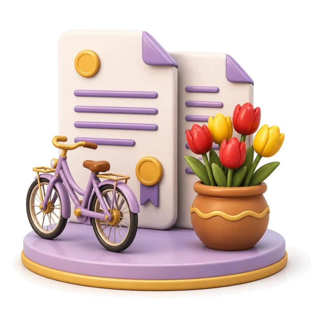 Two documents side by side with a bicycle and a pot of tulips