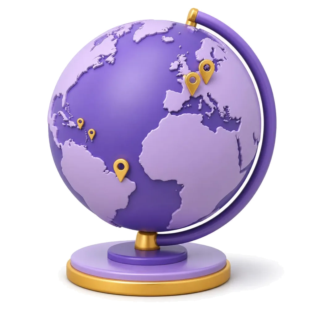 Purple globe with pins on the Netherlands, Belgium, Suriname, Aruba and Curaçao