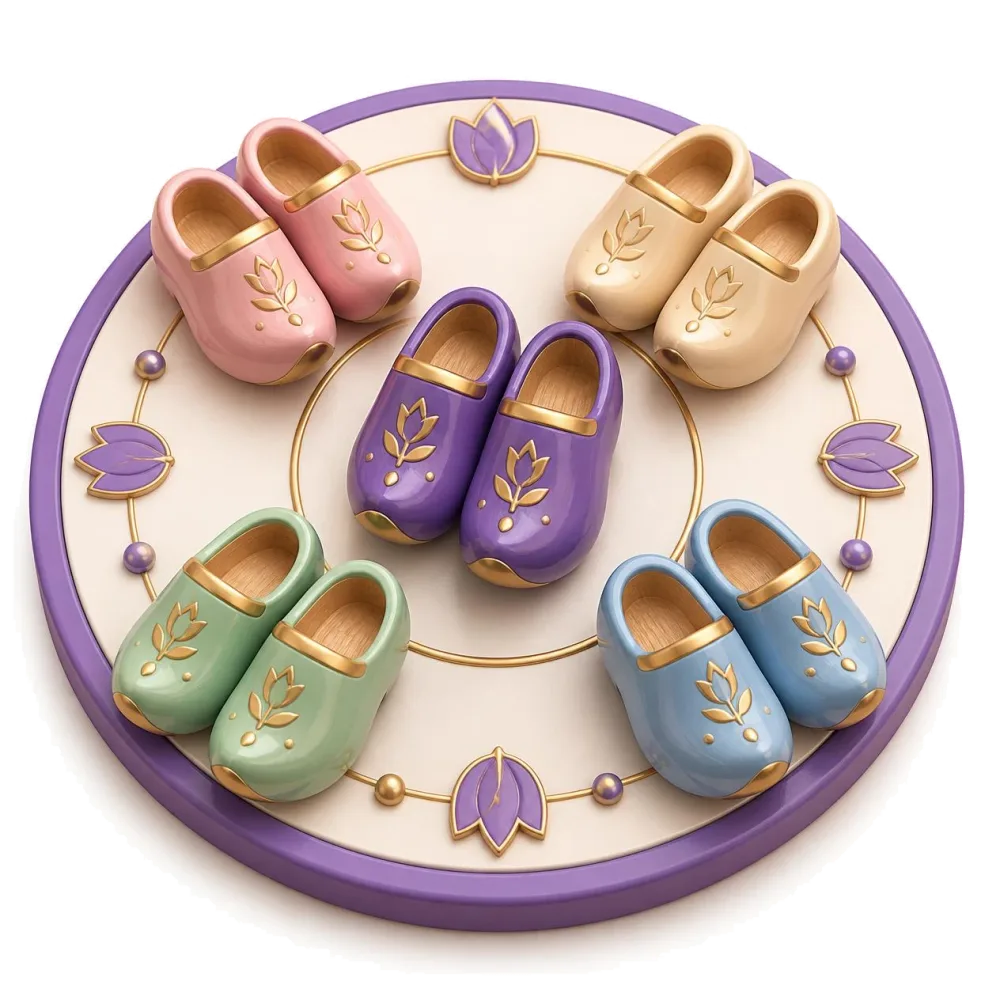 Pairs of colorful wooden clogs around a purple pair, the language pairs with Dutch