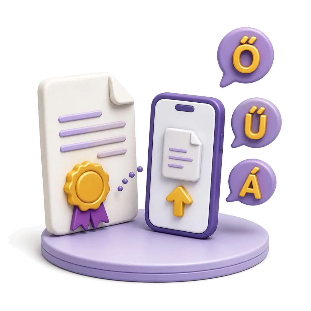 Certified Hungarian document with gold seal, phone sending the file, Hungarian accented letters