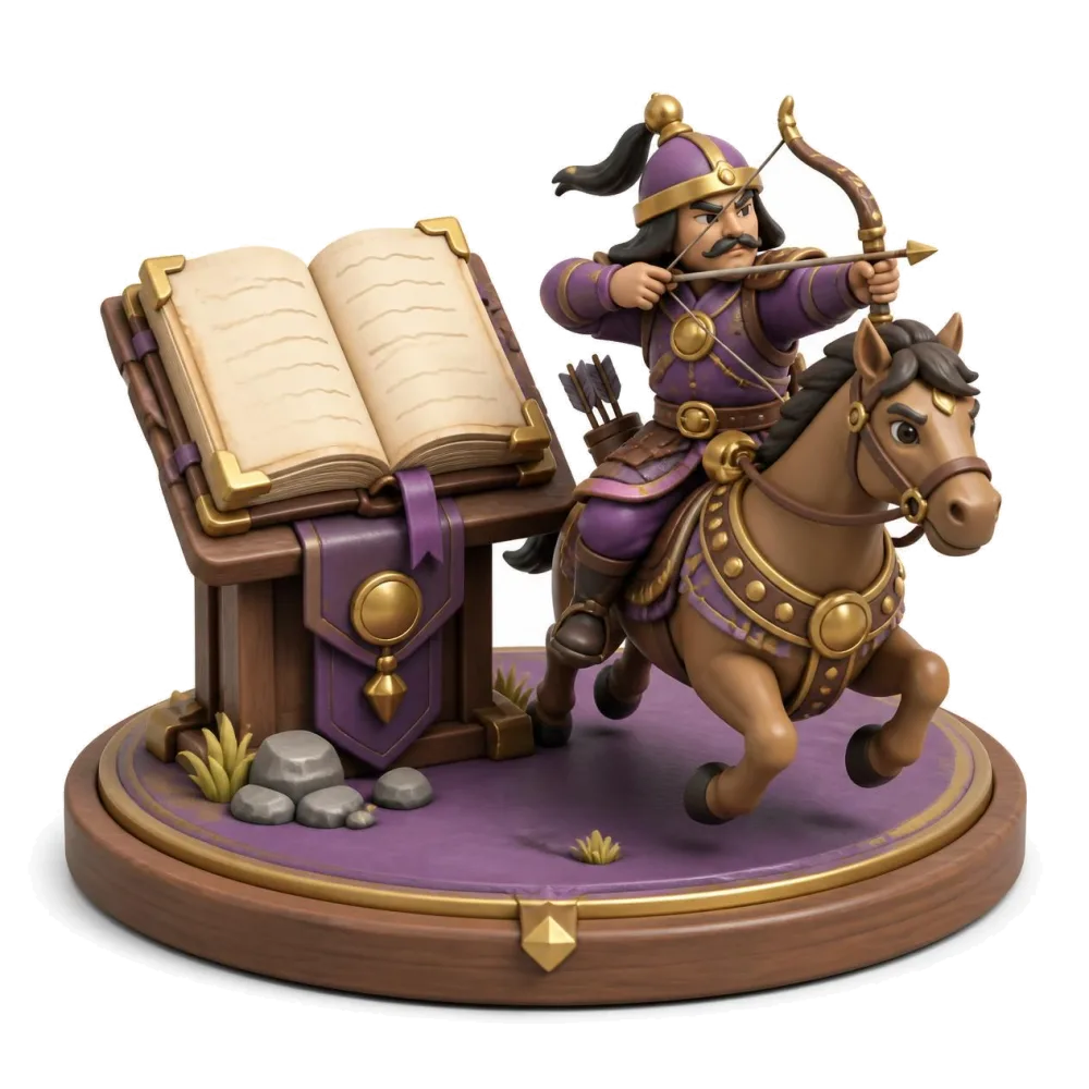 Old leather codex on a lectern beside a small horse archer figure