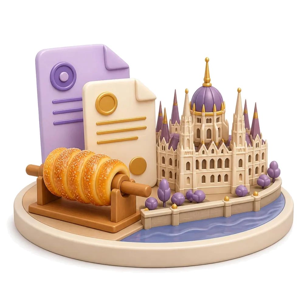 Two documents beside a chimney cake and a small domed parliament building