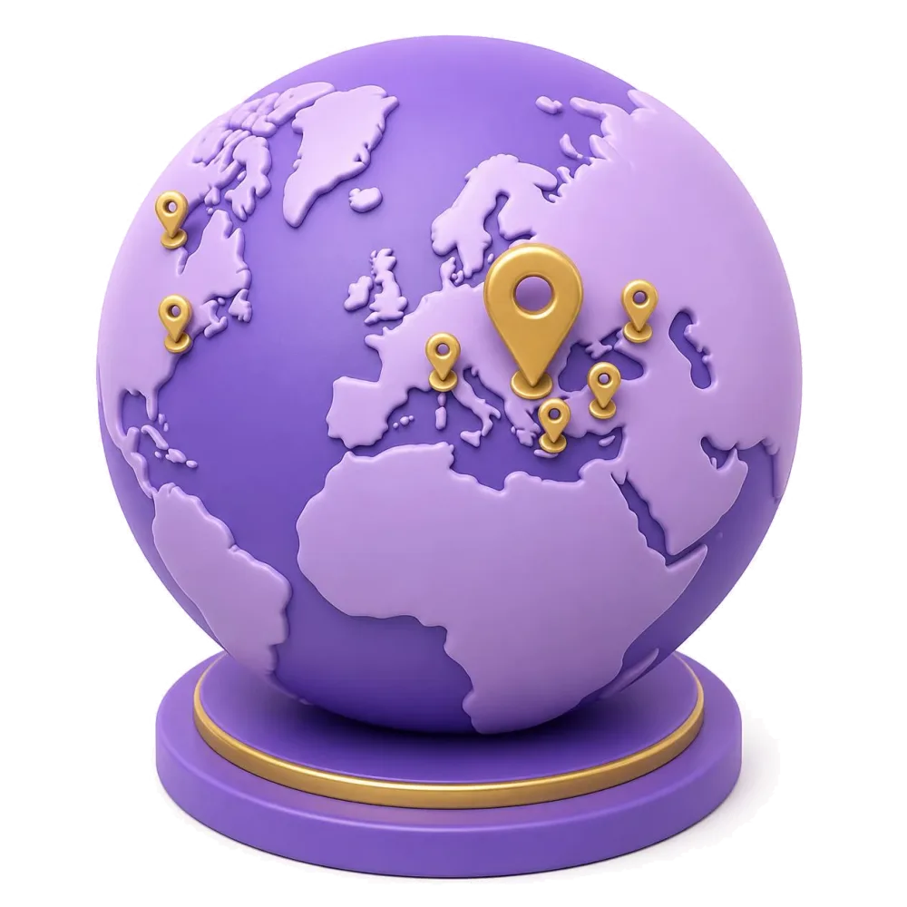 Purple globe with pins on Hungary, its neighbors and Hungarian communities in America