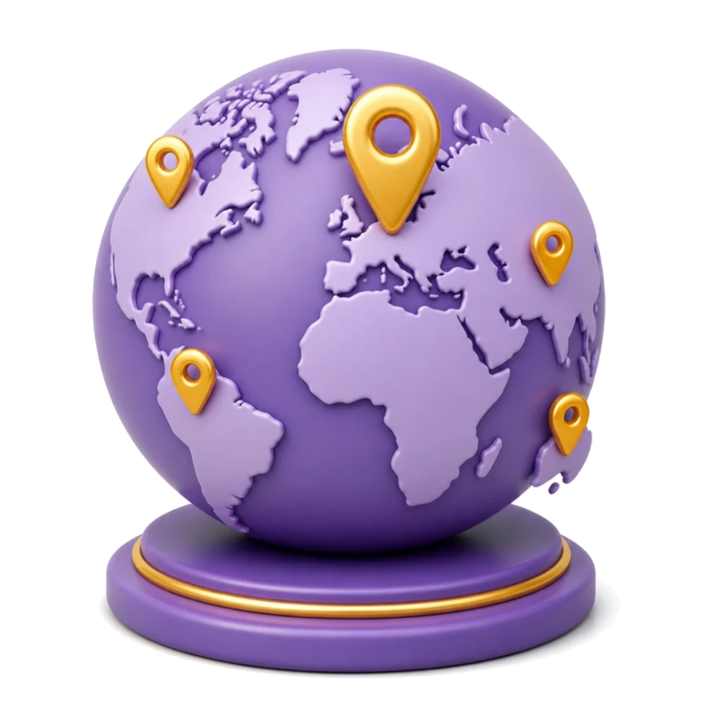 Globo morado con pines dorados, uno grande en el Reino Unido