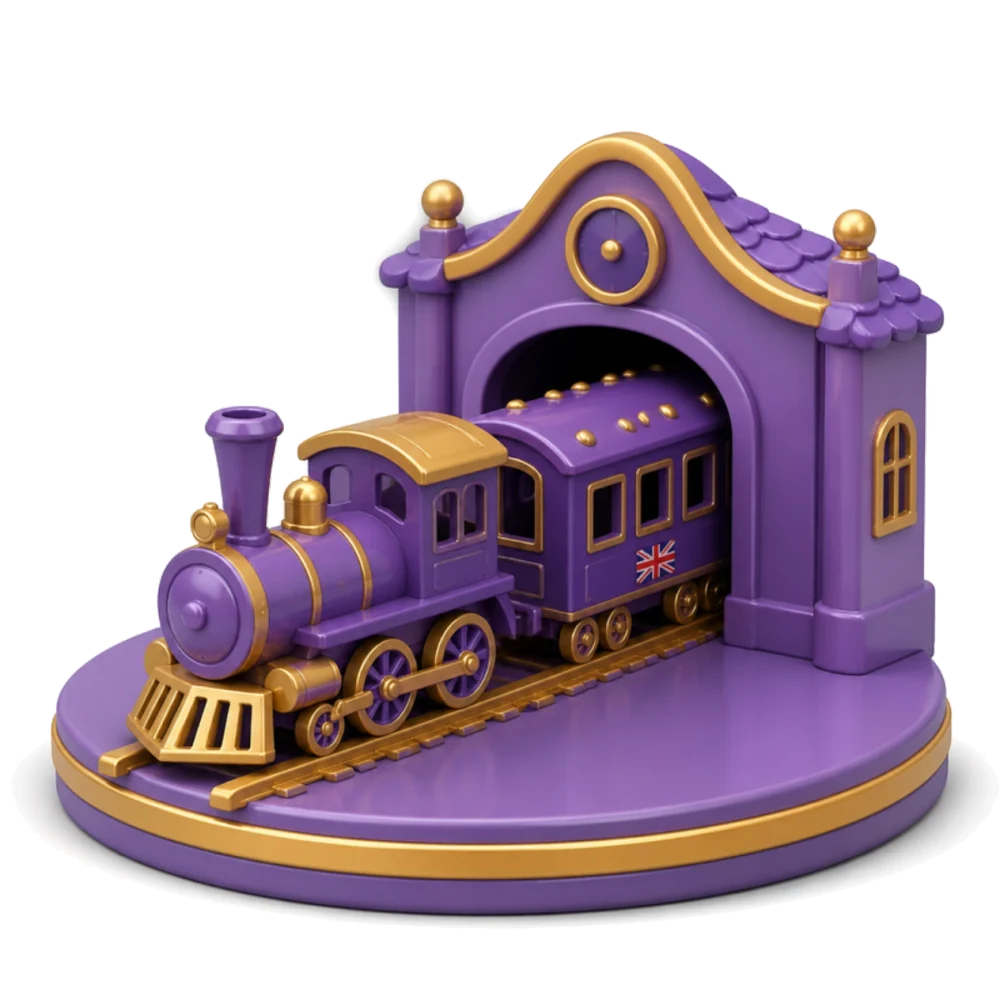 Tren de juguete morado con una pequeña bandera británica saliendo de una estación sobre vías doradas