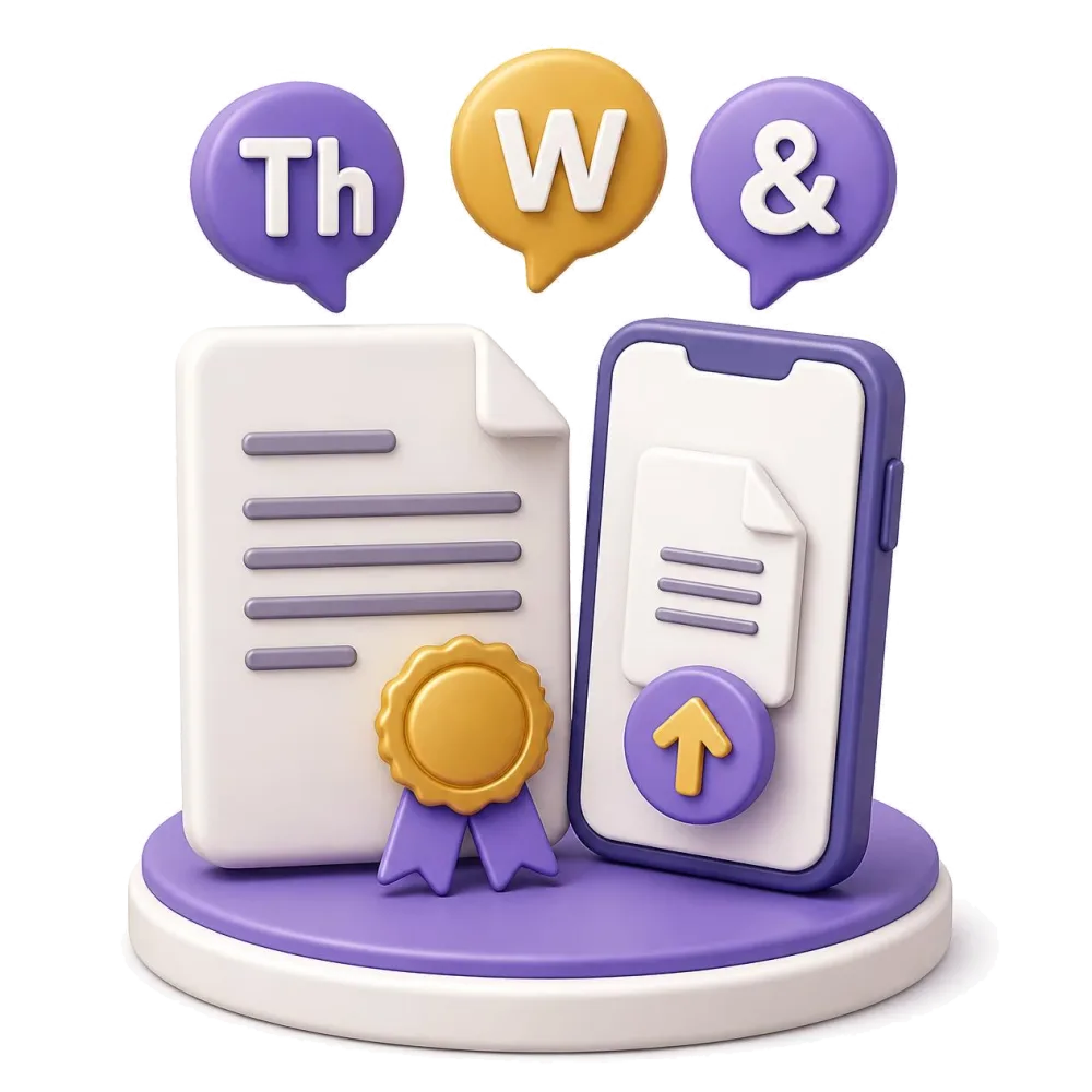 Certified English document with a gold seal, a phone sending it, and Th, W, &