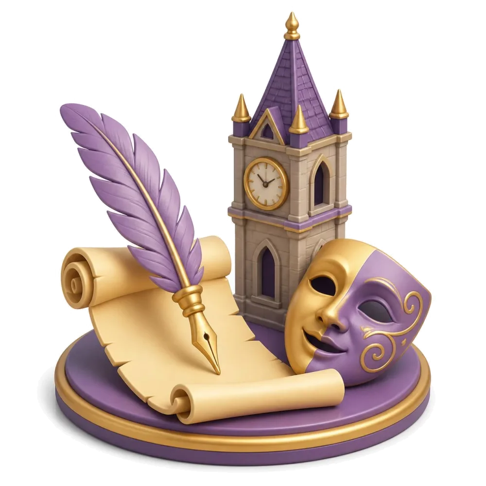A quill on a parchment scroll, an old clock tower and a theater mask