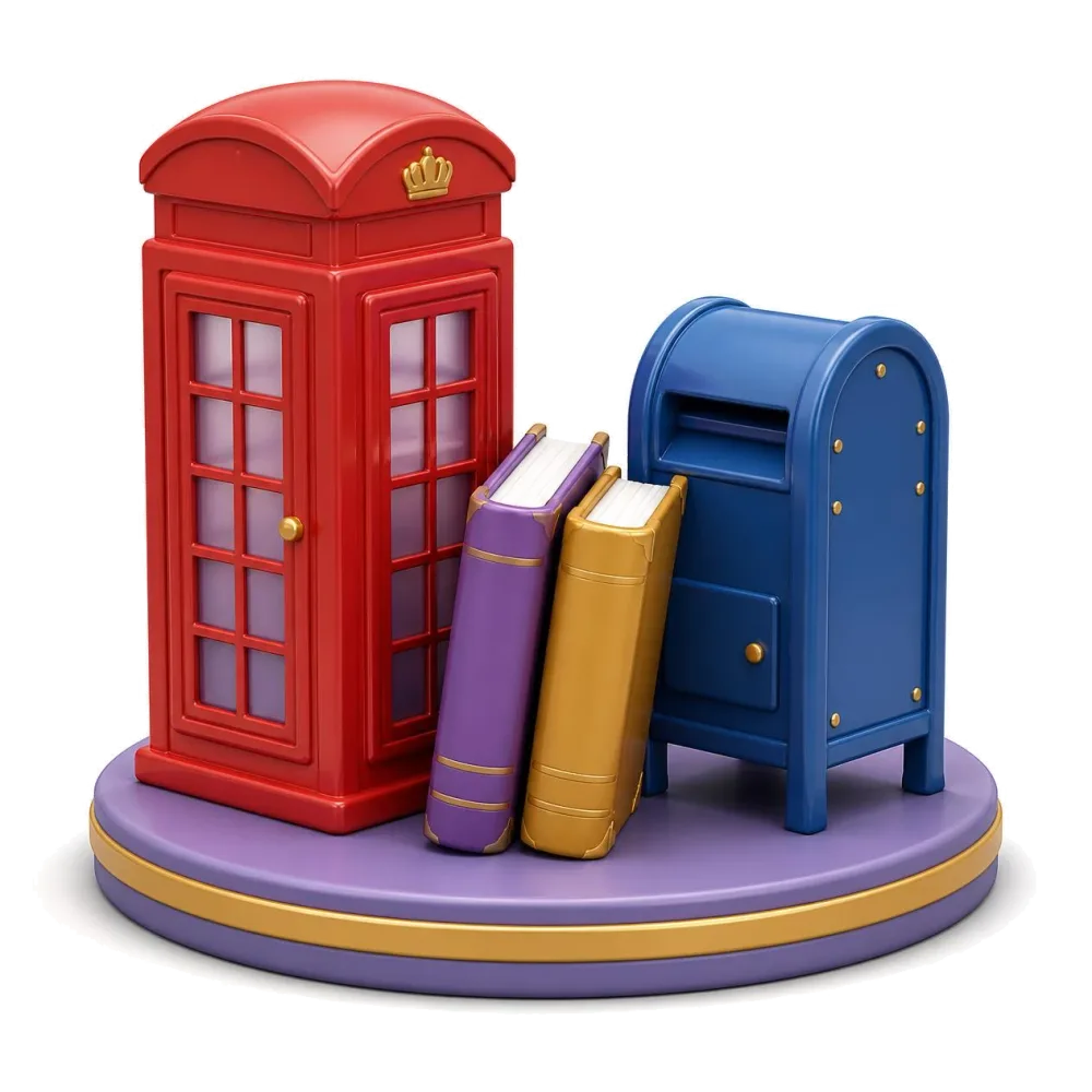 A red British telephone box next to a blue American mailbox, with two dictionaries