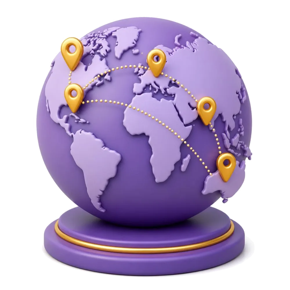 Purple globe with pins on the United States, the United Kingdom, Canada, Australia and India
