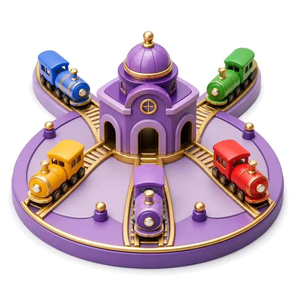 Colored toy trains leaving a purple station on golden tracks, the language pairs with English