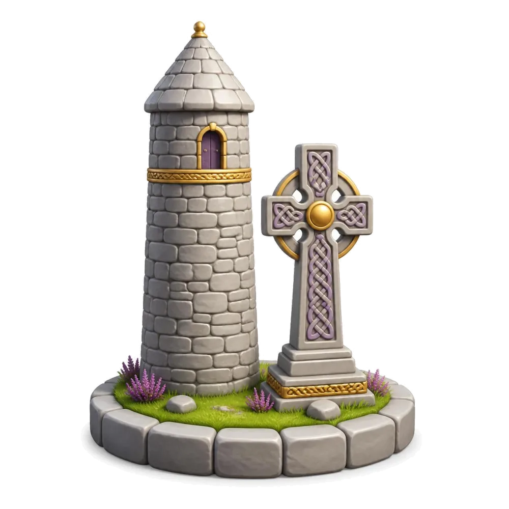 Stone round tower with a conical cap beside a carved Celtic high cross
