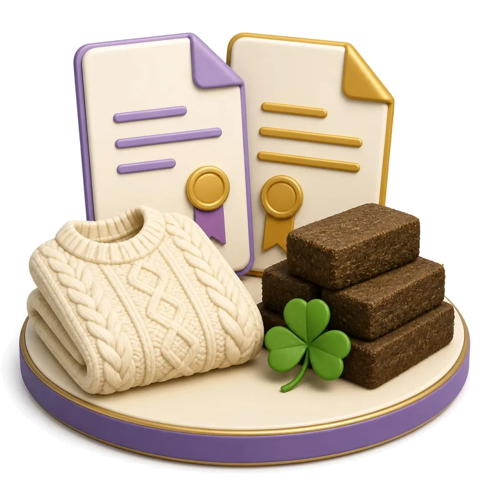 Two documents side by side with a cream Aran wool sweater and a stack of turf