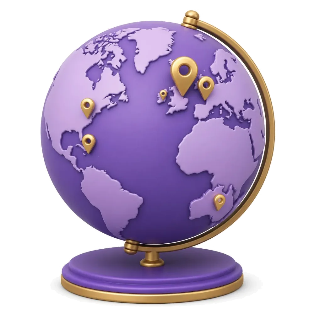 Purple globe with pins on Ireland, Northern Ireland and Irish communities abroad